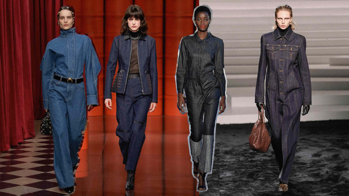 Models showcasing dark denim light jewelry styling on the runway, highlighting contrast in fashion.