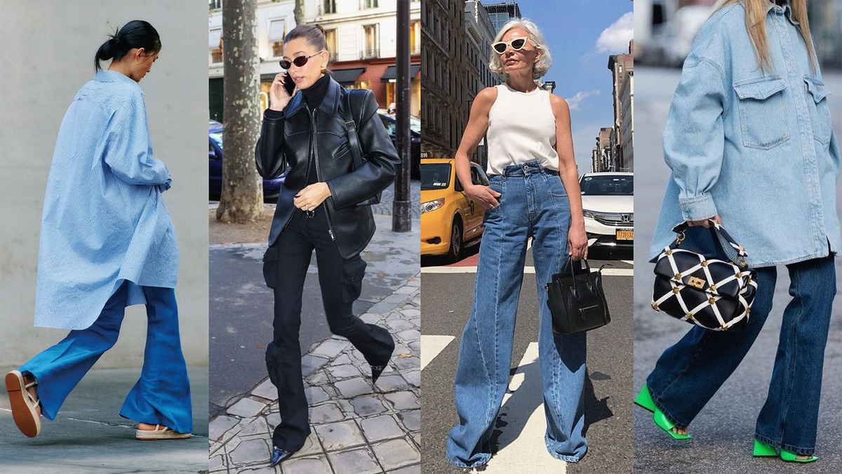 A collage showcasing various styles of flared pants trend 2023 in urban settings.