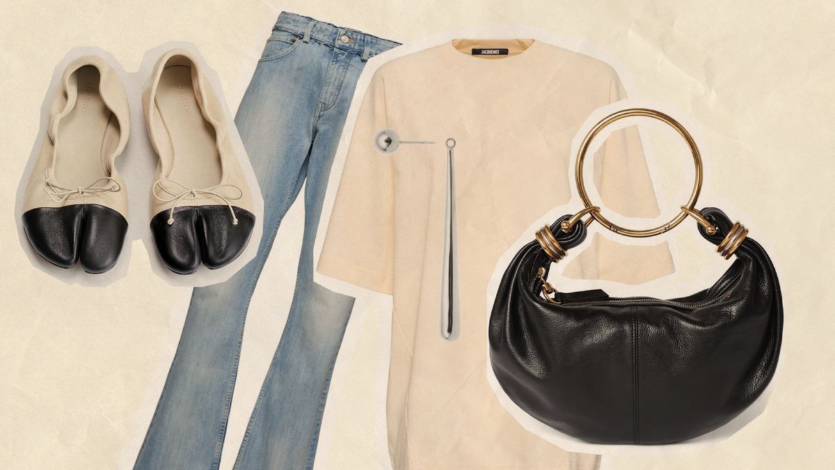 spring 2025 fashion must haves featuring chic flats, a stylish top, and trendy black handbag.
