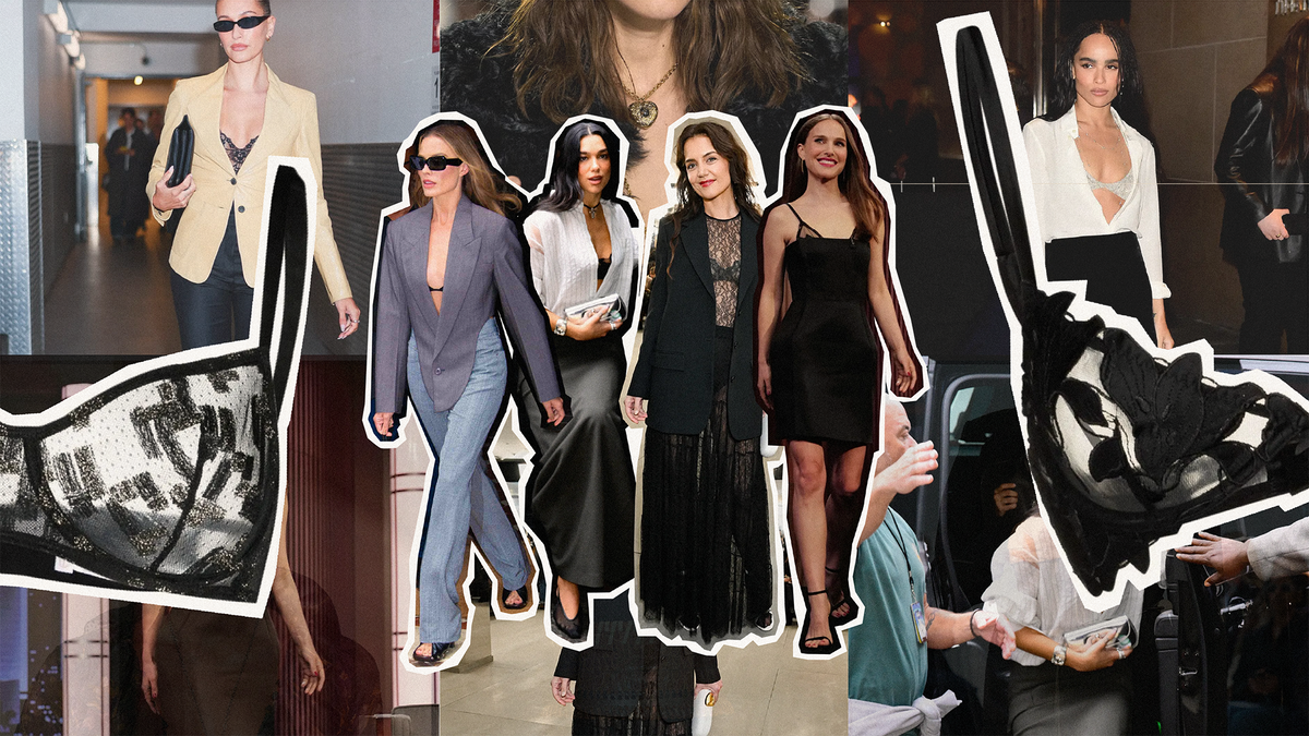 Collage showcasing the peekaboo bra styling trend 2025 with fashionable outfits and accessories.