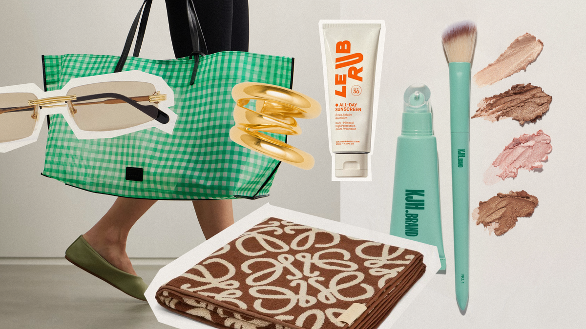 Beach bag essentials summer featuring sunglasses, sunscreen, makeup items, and a stylish beach towel.