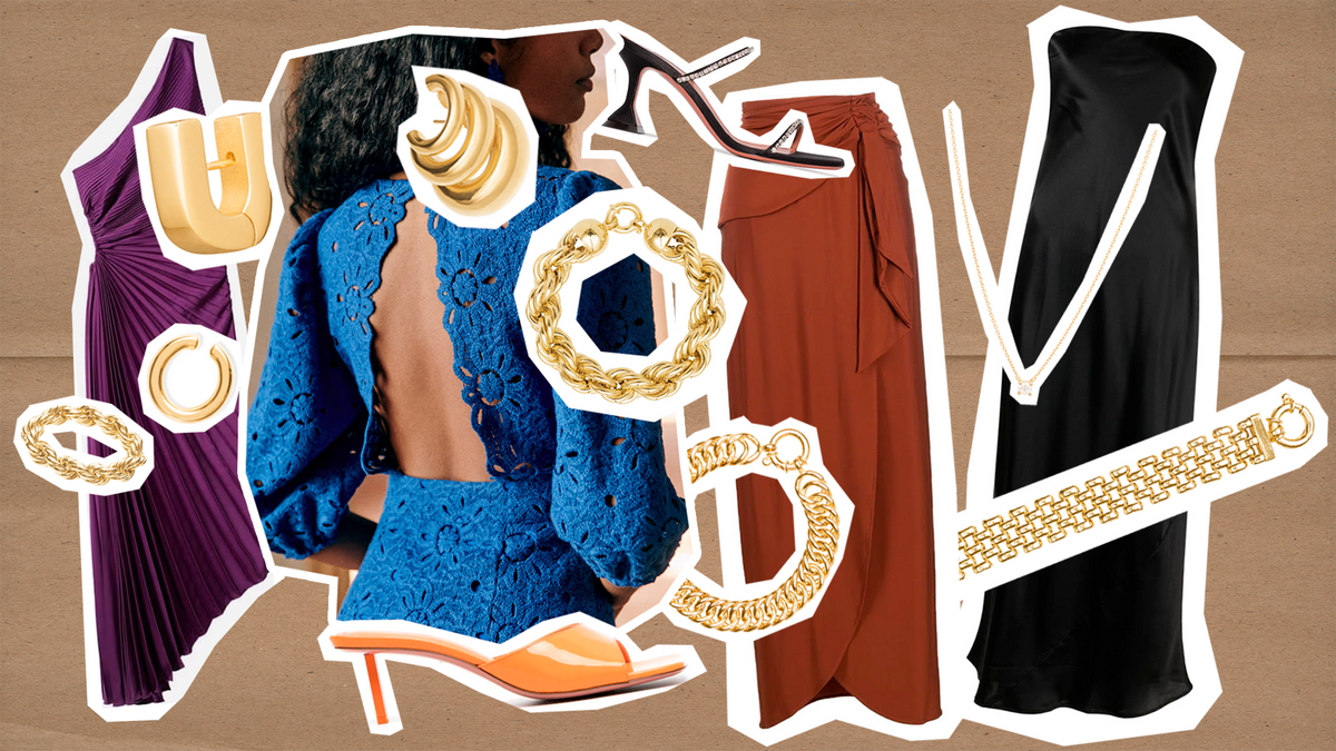 Stylish wedding guest outfit ideas featuring dresses and accessories.