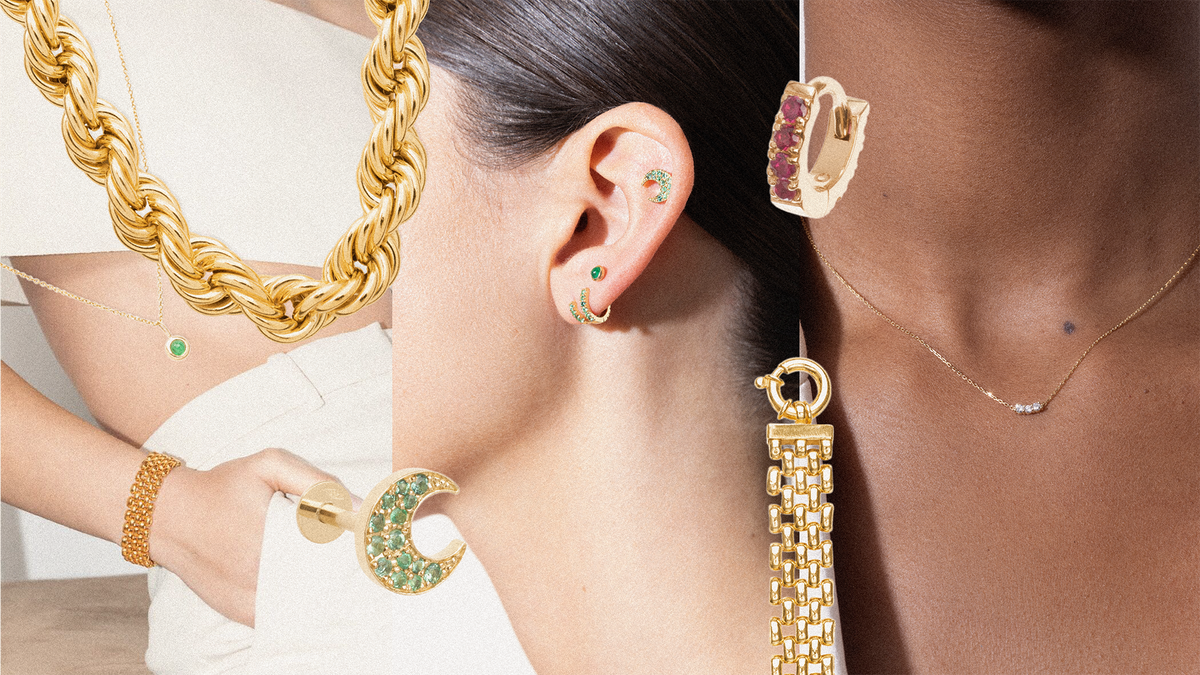 An array of timeless investment jewelry pieces from CINCO featuring gold necklaces and earrings.