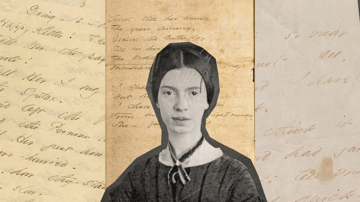 Emily Dickinson surrounded by her handwritten letters, representing her impact on queer poetry emily dickinson.