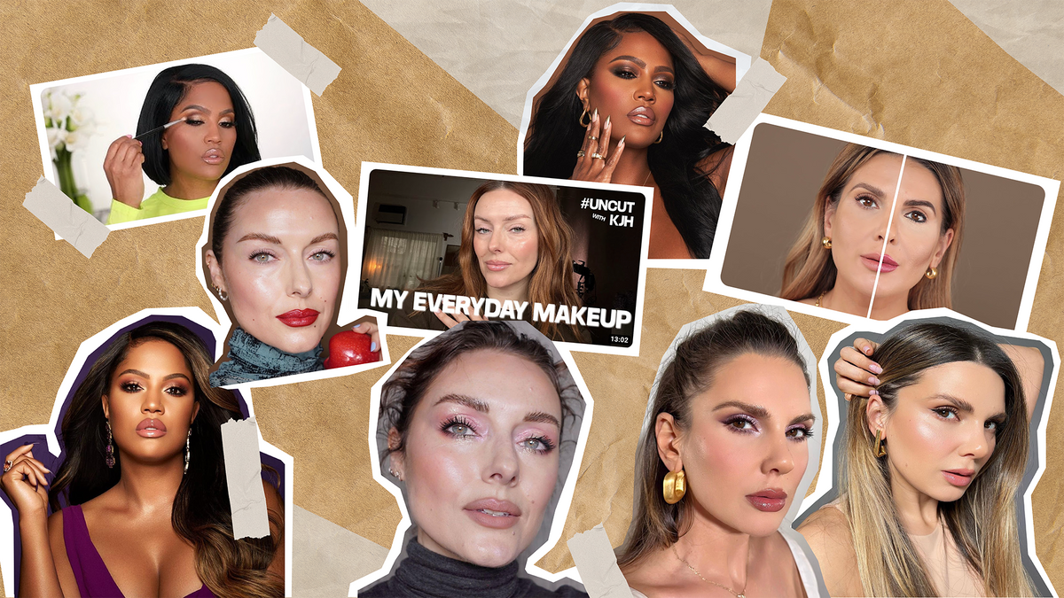 Collage of transformative makeup youtube videos featuring diverse beauty influencers and their makeup looks.