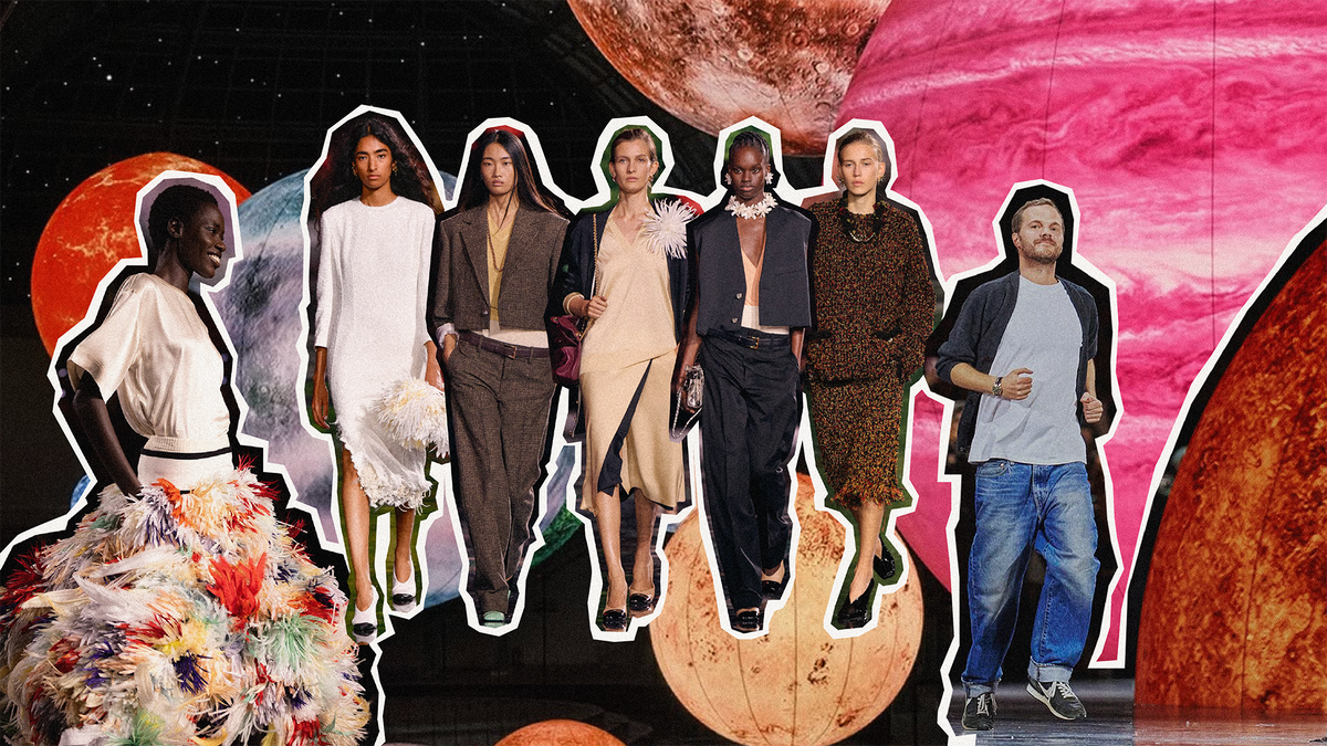 Matthieu Blazy Chanel debut collection showcasing bold fashion against a cosmic background.