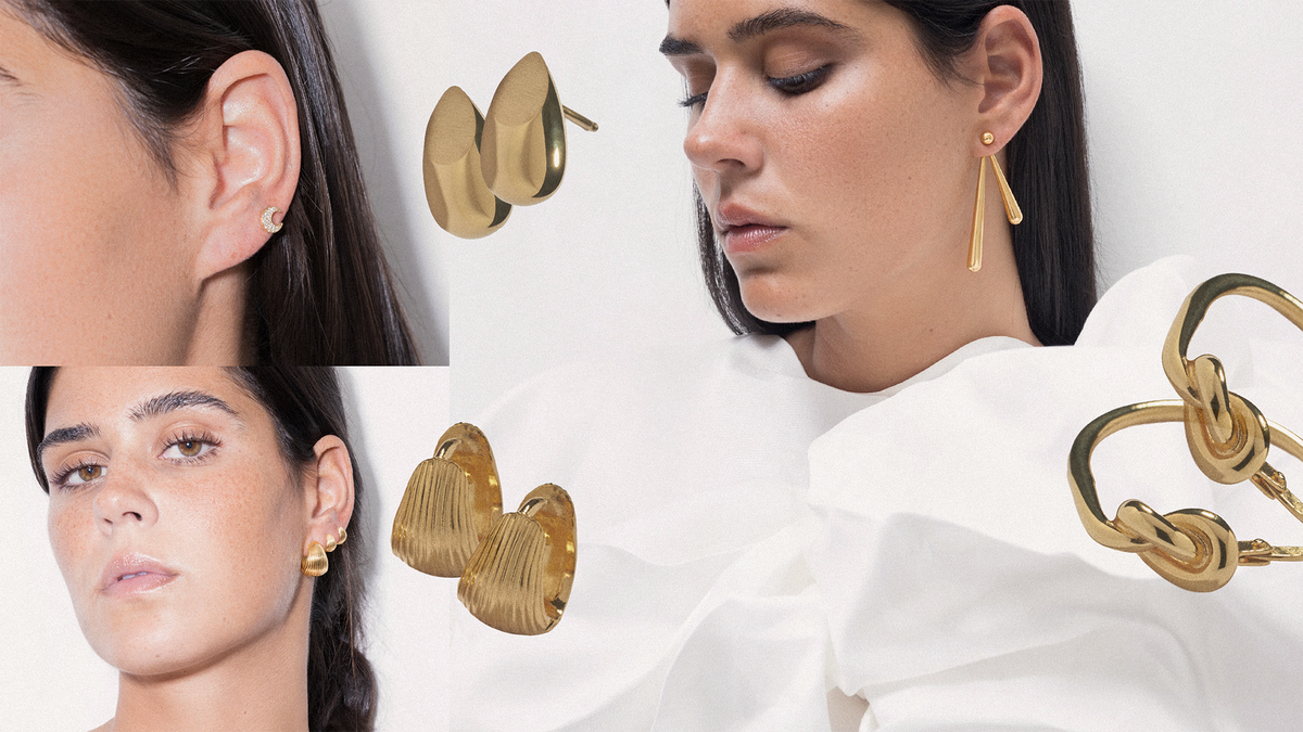 Earrings for face shape displayed on a model, showcasing various gold designs and styles for different face shapes.