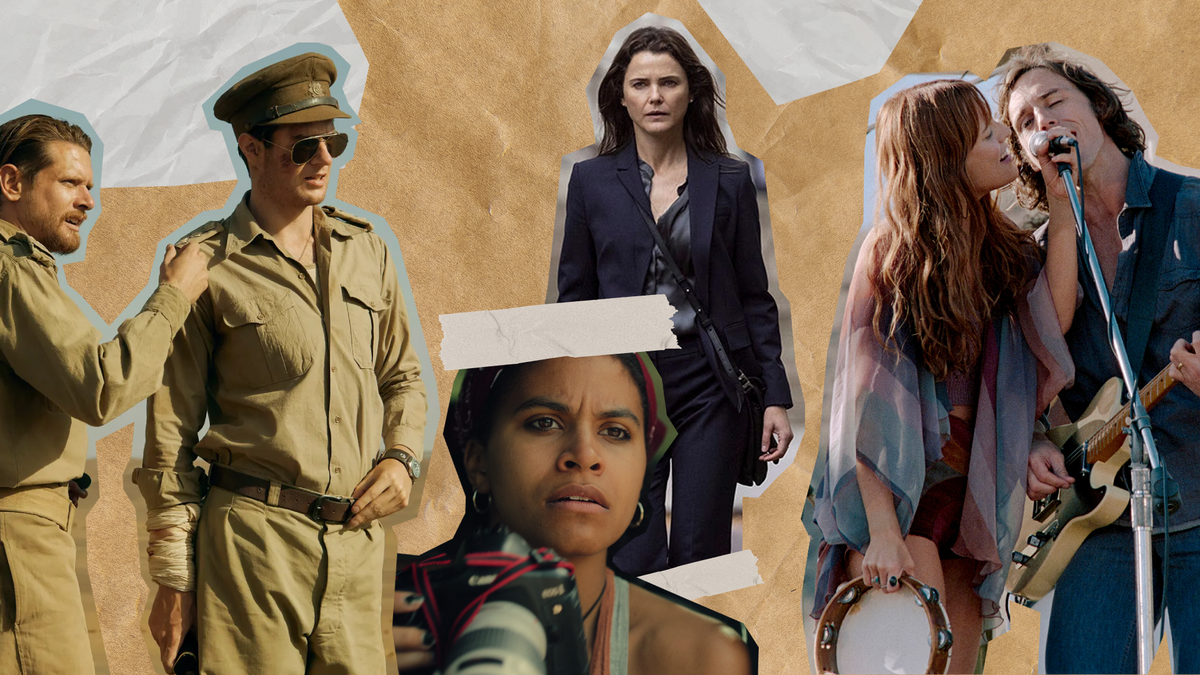 Must watch tv shows 2023 featuring Daisy Jones and The Six and Black Mirror stars in an artistic collage.
