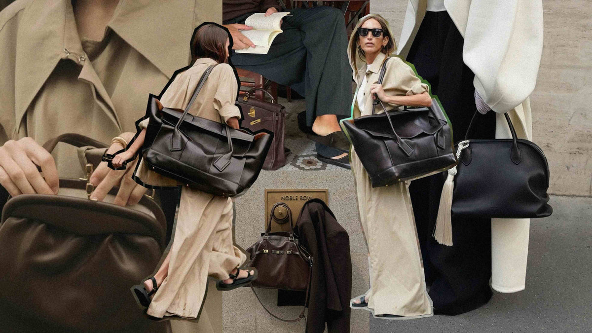 Mujeres elegantes mostrando bolsos de lujo contemporáneos en un entorno urbano con estilo.