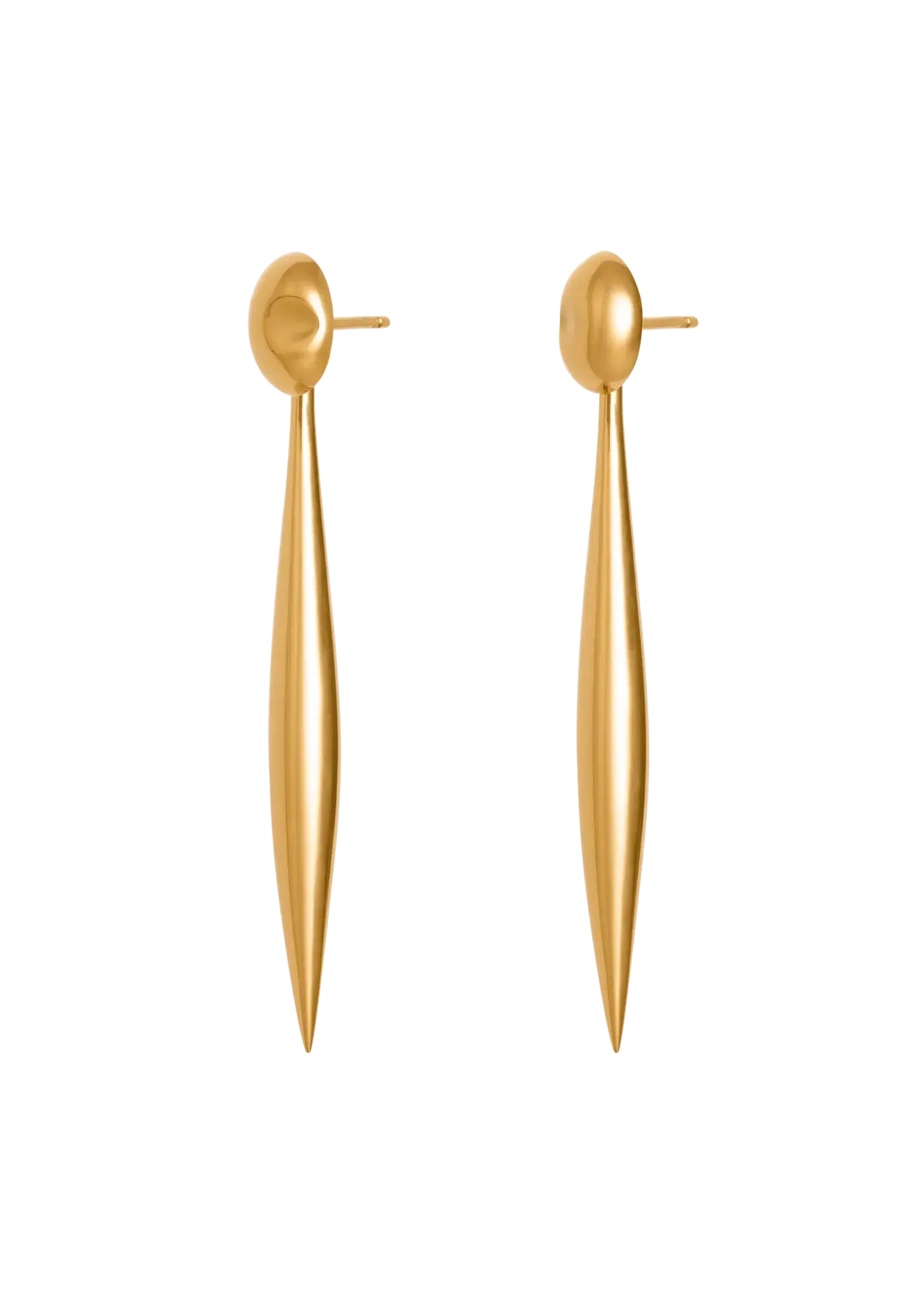 Pendientes de oro con diseño largo, delgado y en forma de lanza sobre fondo blanco