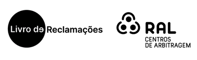 Dos logotipos uno al lado del otro sobre un fondo blanco, uno etiquetado como 'Livro de Reclamações' y el otro 'RAL Centros de Arbitragem'.