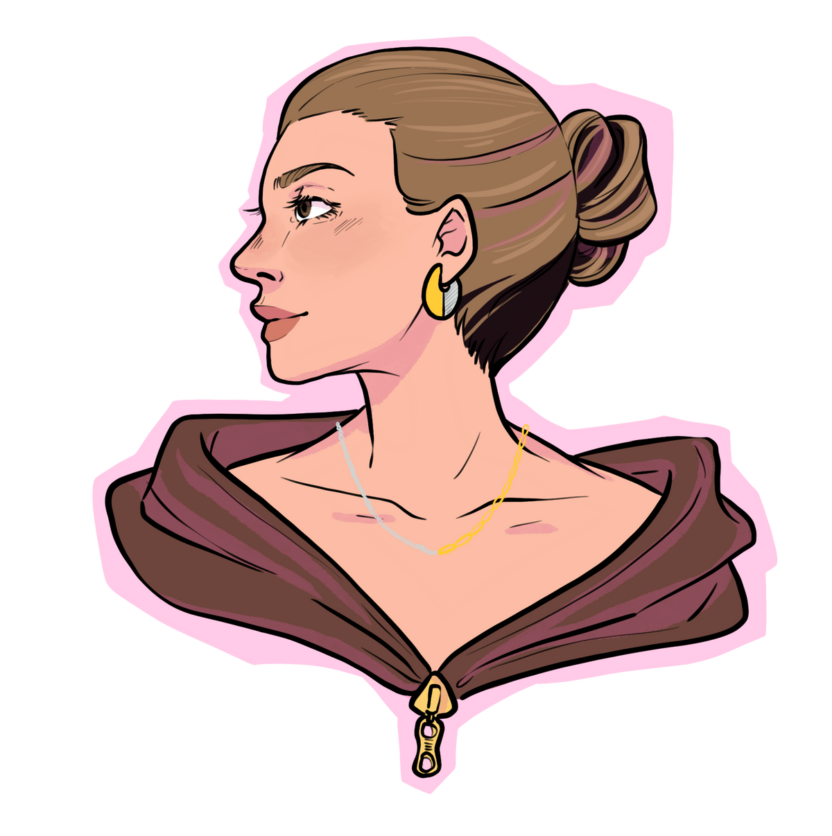 A stylized digital illustration of a woman in profile wearing a brown hooded garment with a gold pendant, set against a solid black background.