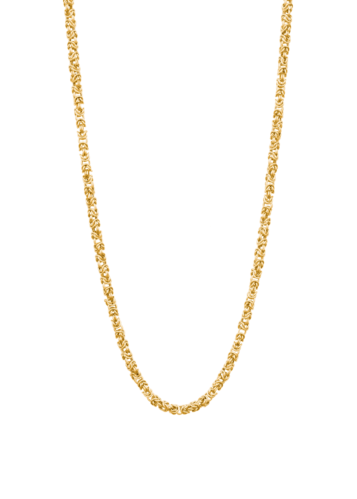 A delicate gold chain necklace with a textured, woven appearance, displayed in a U-shape against a solid white background.