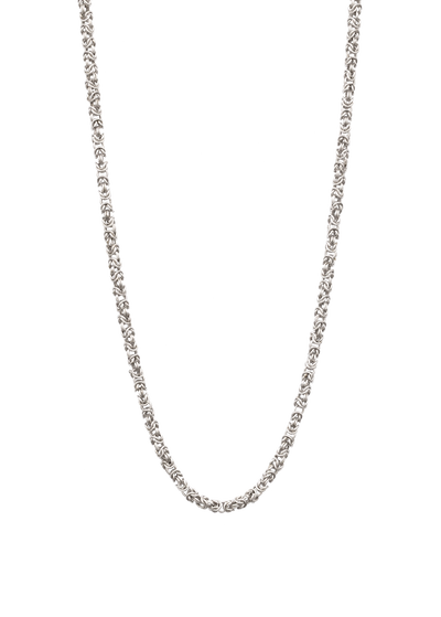 A silver-toned chain necklace with a textured, woven or floral-like link pattern, shown against a plain white background.