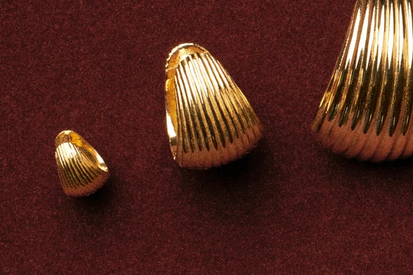 Gold shell-shaped objects on a red background